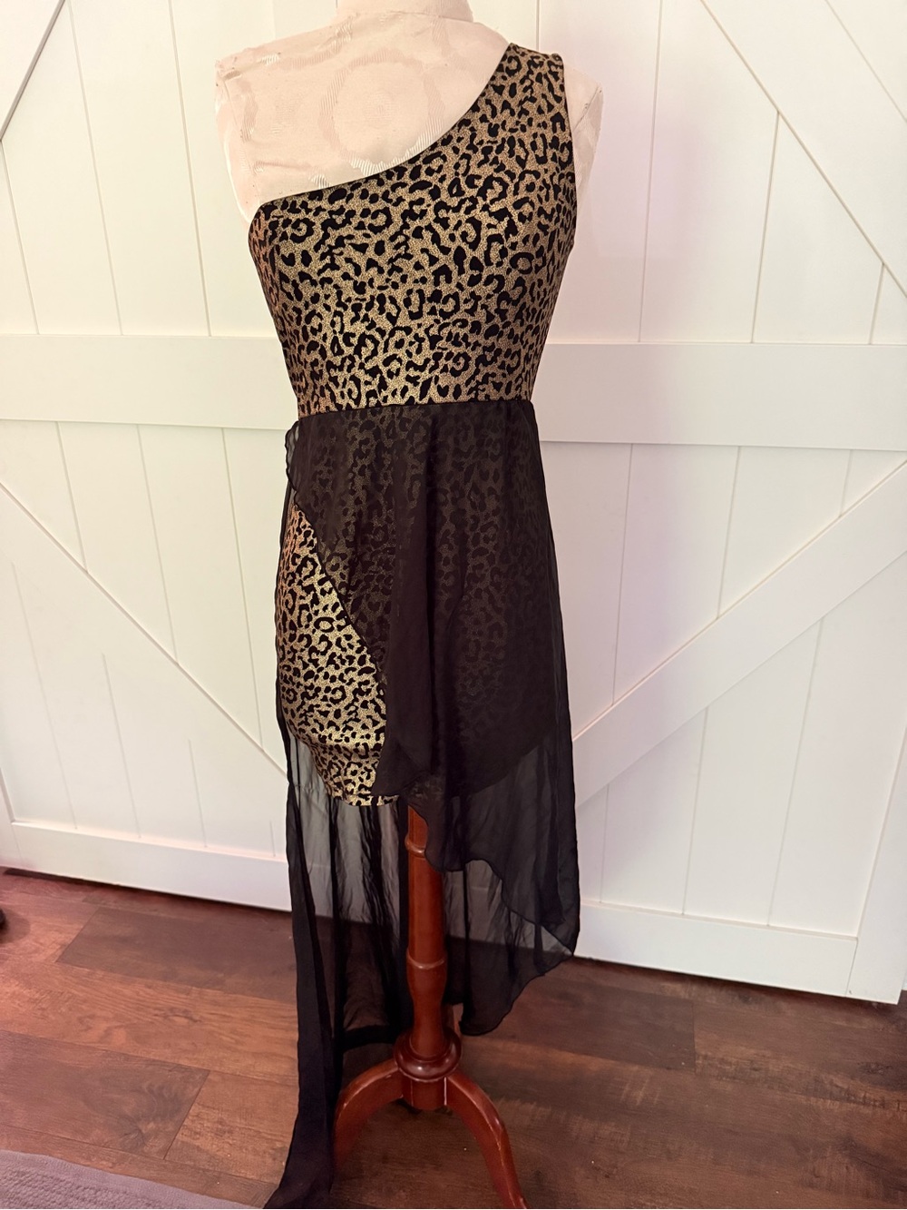 Symphony One-Shoulder Leopard-Print High-Low Dress in Gold and Black